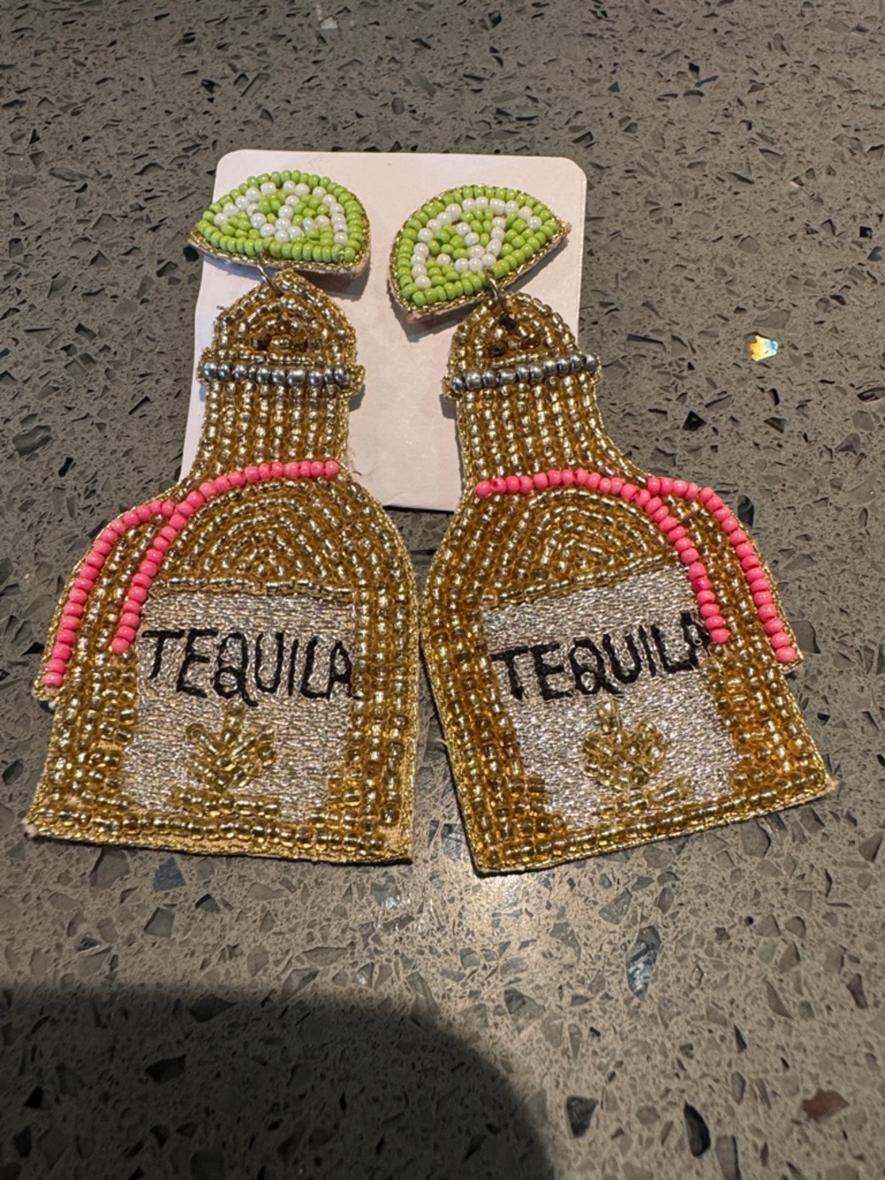 Beaded Tequila Bottle Statement Earrings - Lime & Gold